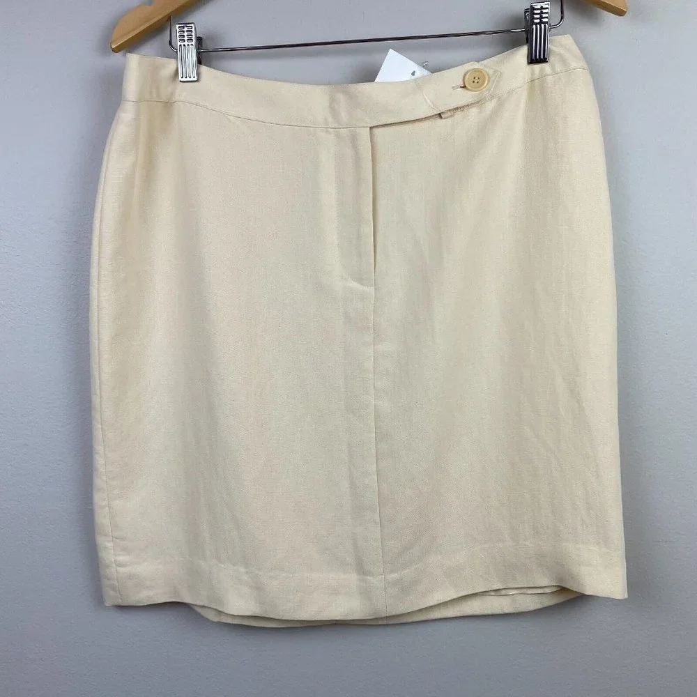 Emanuel Ungaro Pencil Skirt 12 Linen Blend Cream Above Knee Tabbed Waist Office‎