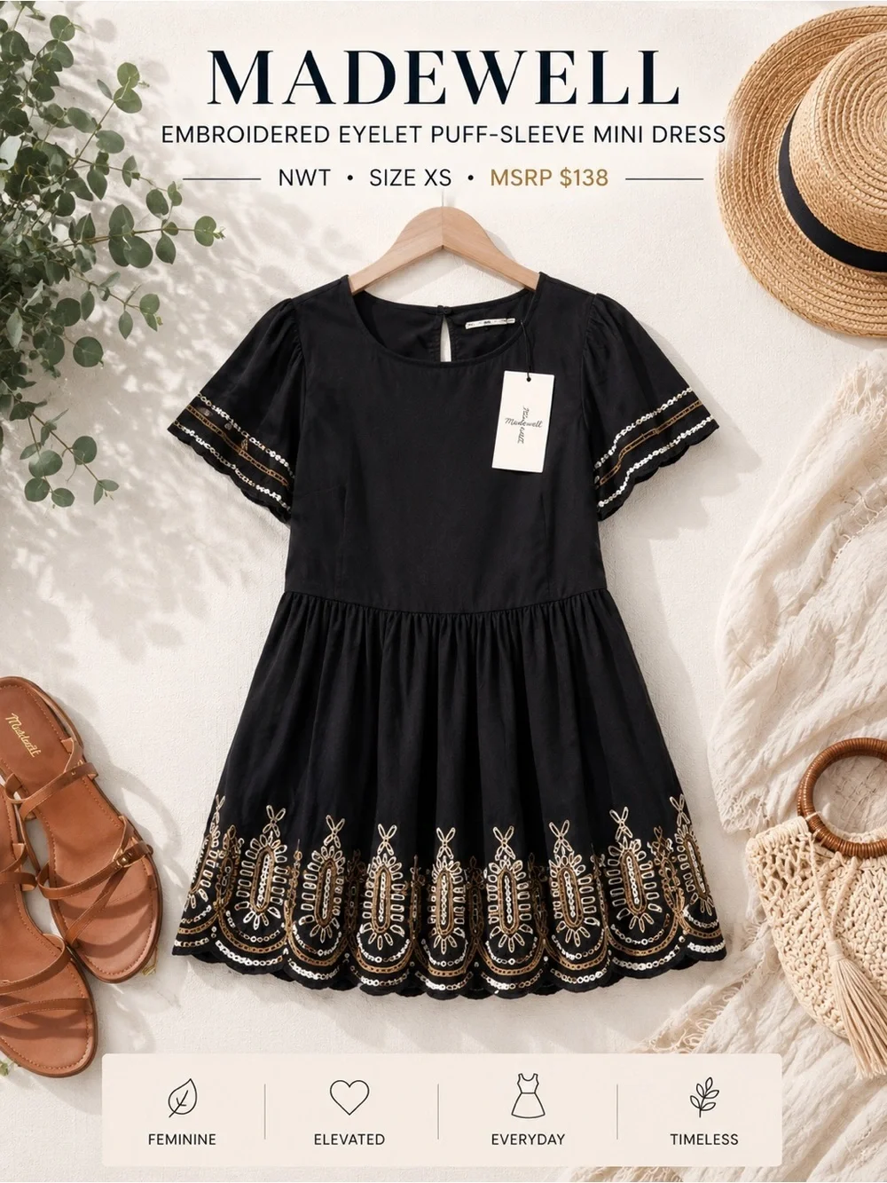 Madewell Embroidered Eyelet Puff Sleeve Mini Dress Black Size XS NWT