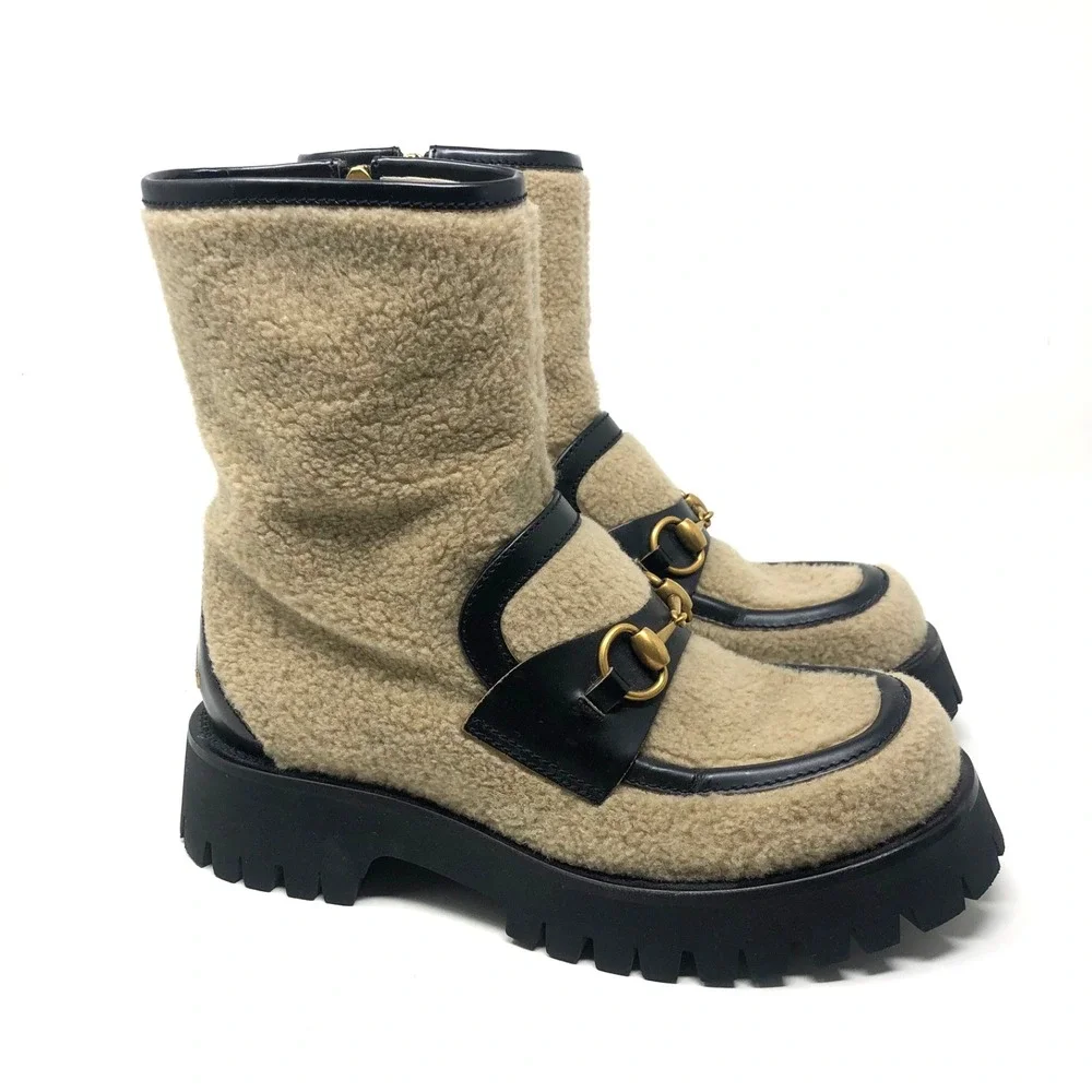 Gucci Ankle Shearling Combat‎ Boot Horsebit Womens 37.5 US 7.5 Beige Designer