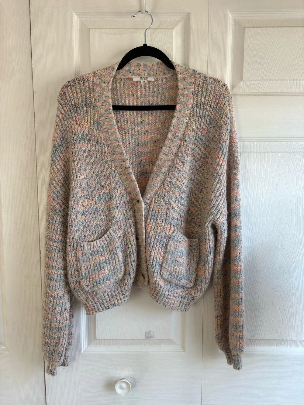 BB Dakota Ivory Pink Blue V-Neck Chunky Knit Ribbed Cardigan Academia Teacher M‎
