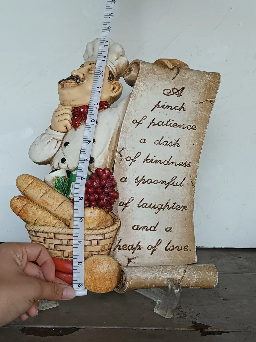 Vtg Chef Figurine Wall Plaque with Basket and Scroll - White, Red, Brown