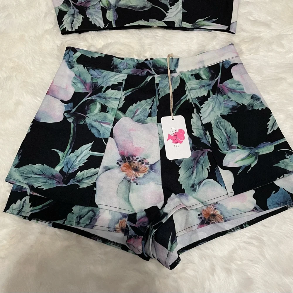 NWT Latiste Black Floral Shorts Crop Top Matching Set Coord Coquette Y2K Summer