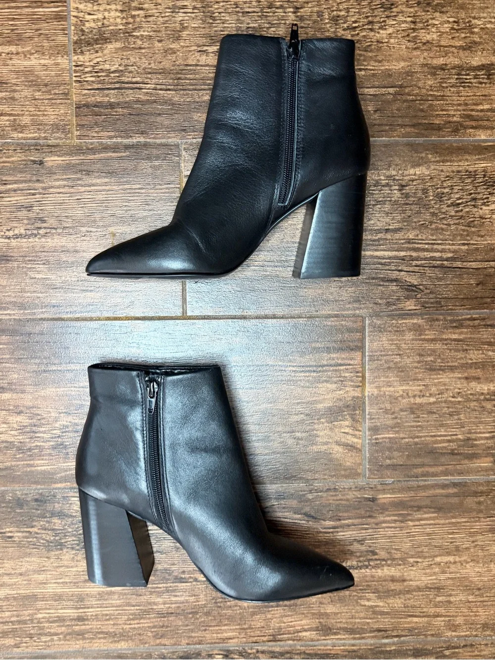 Steve Madden Black Pointed Toe Leather Ankle Boots with Block Heel