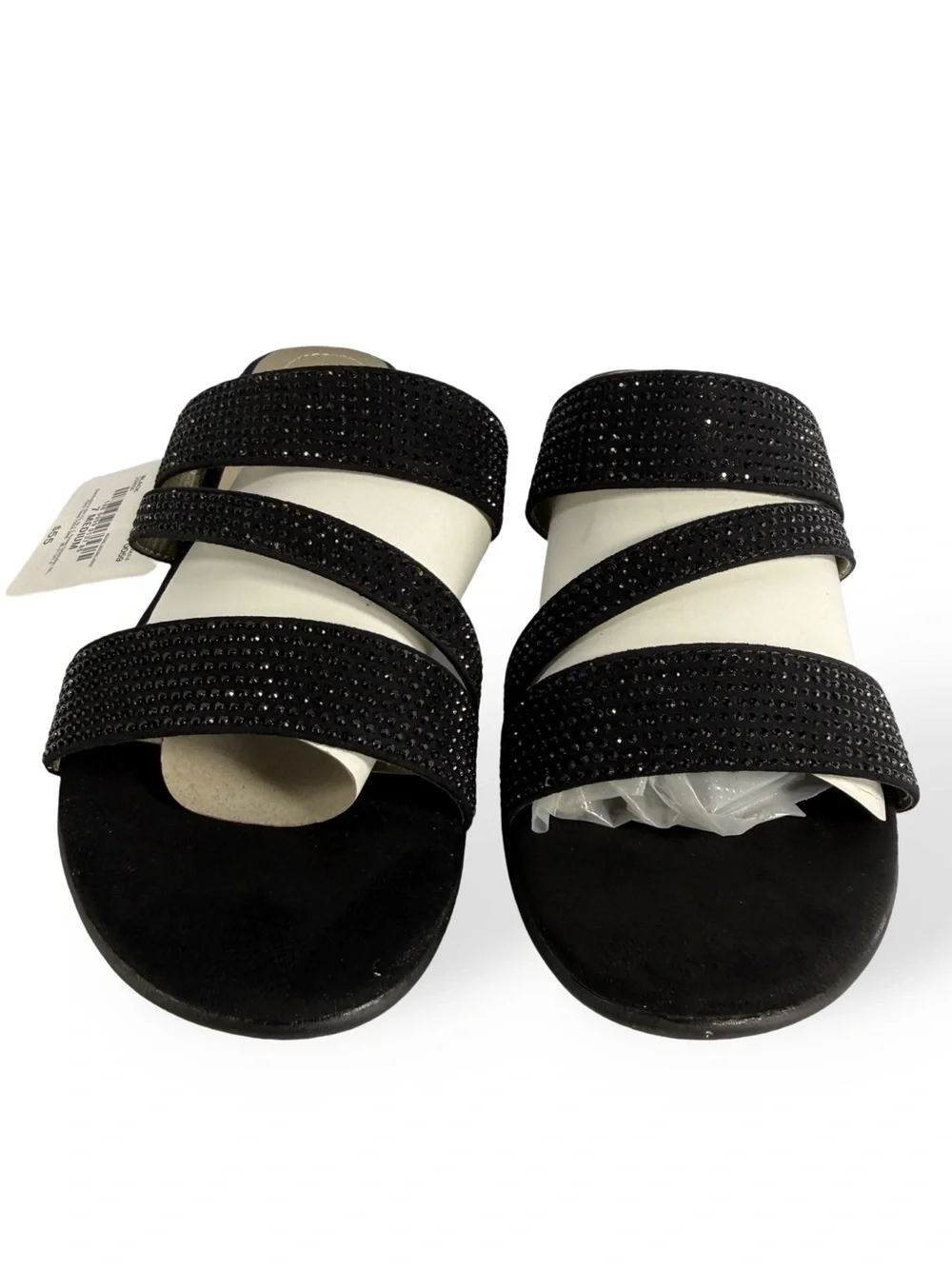 East 5th Black Rhinestone Triple-Strap Slide Sandals