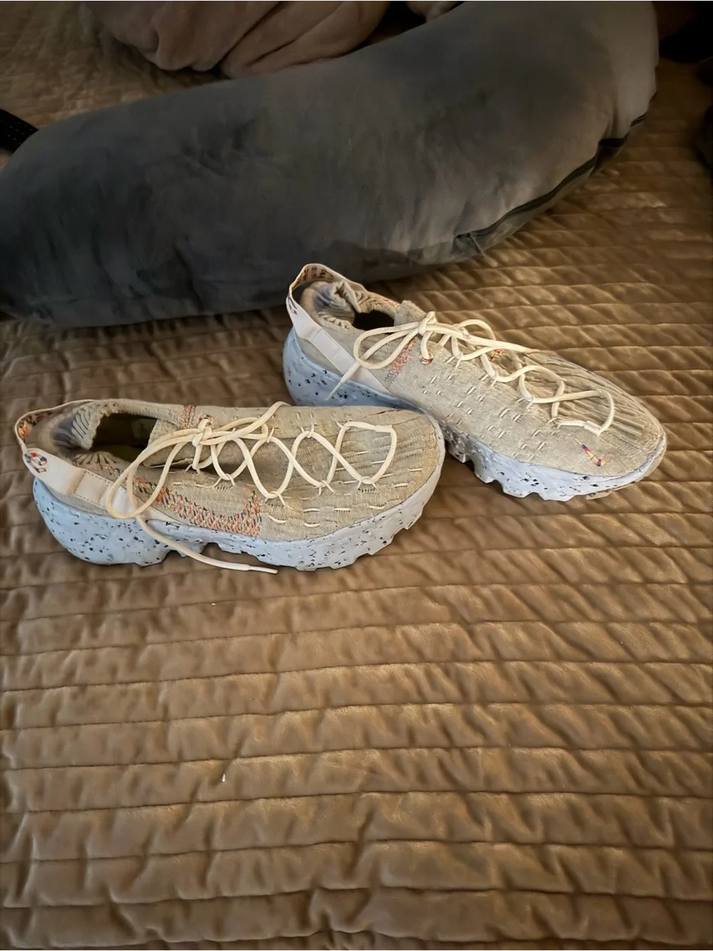 Women's Knit Lace-Up Sneakers in Beige with Multicolor Accents