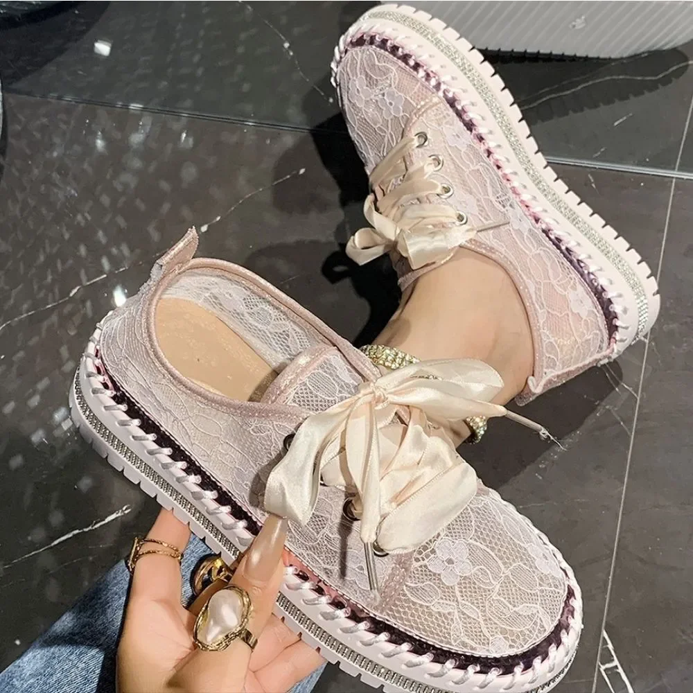 Round Toe Platform Loafers – Chic Lace Mesh & PU Leather Low Heel Slip-Ons