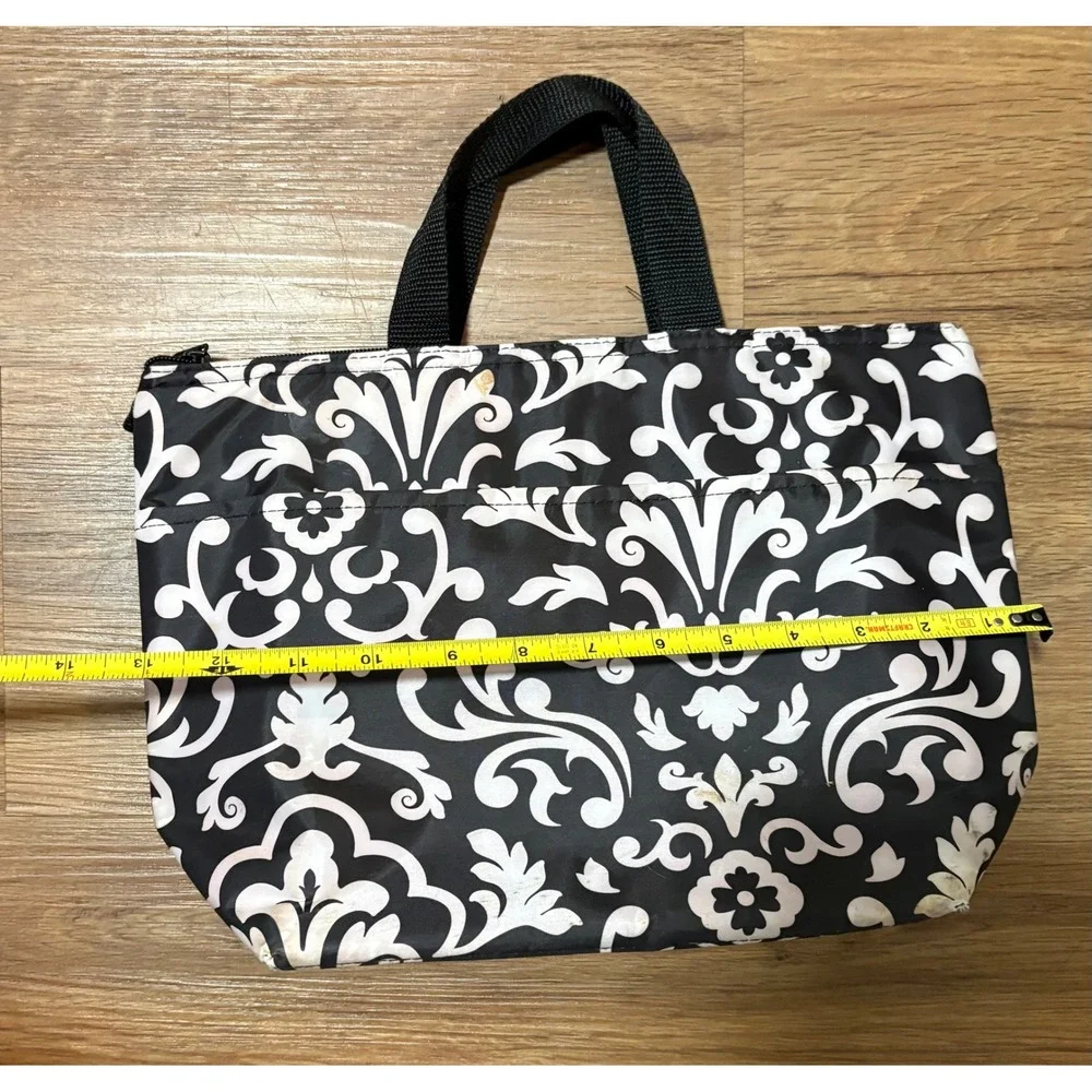 Thirty-One Thermal Tote Insulated Lunch Bag Black White Damask Print Pocket