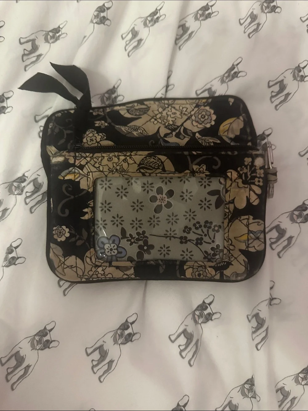 Floral Pattern Wristlet Wallet in Black and Beige
