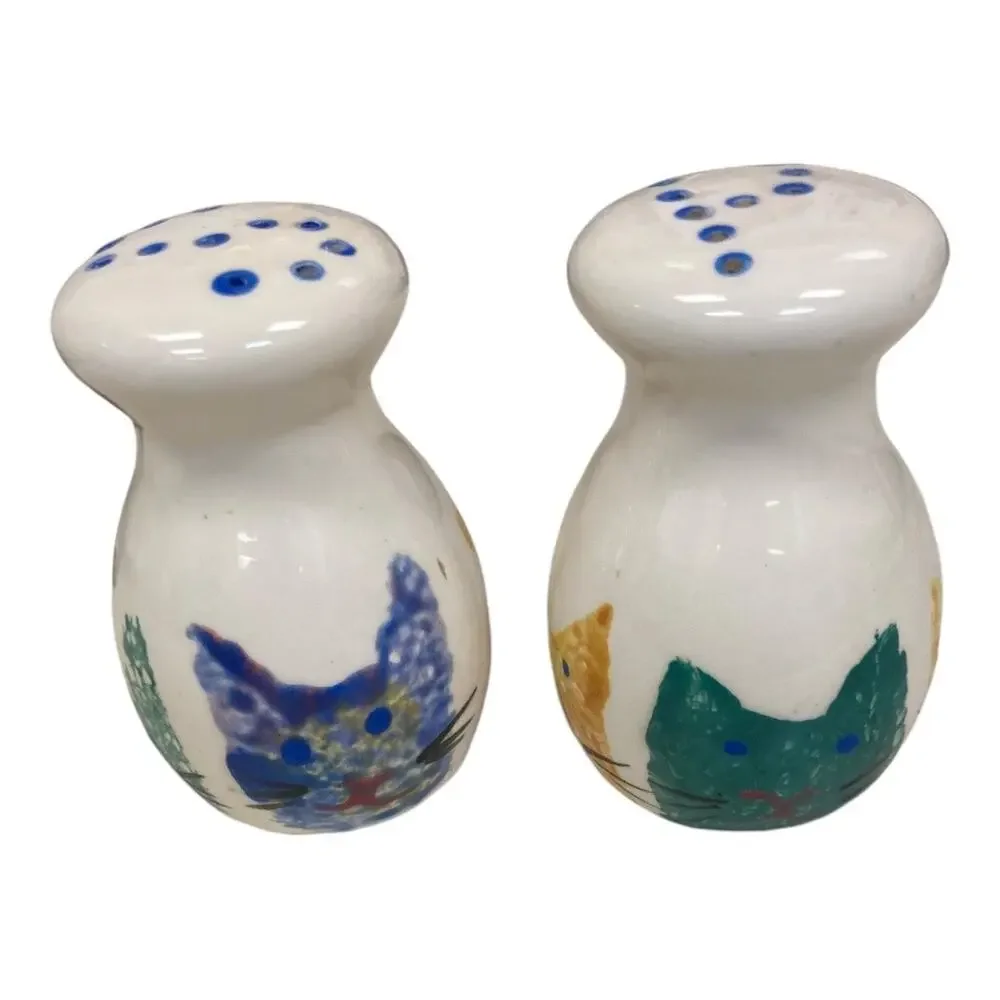 Cat Faces Hand Painted Salt & Pepper Set Mexico‎ 3.5