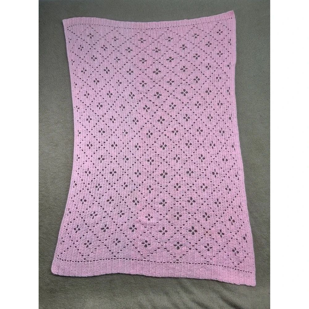 Handmade Pink Crochet Baby Blanket Floral Lace‎ Toddler Crib Afghan 46X36