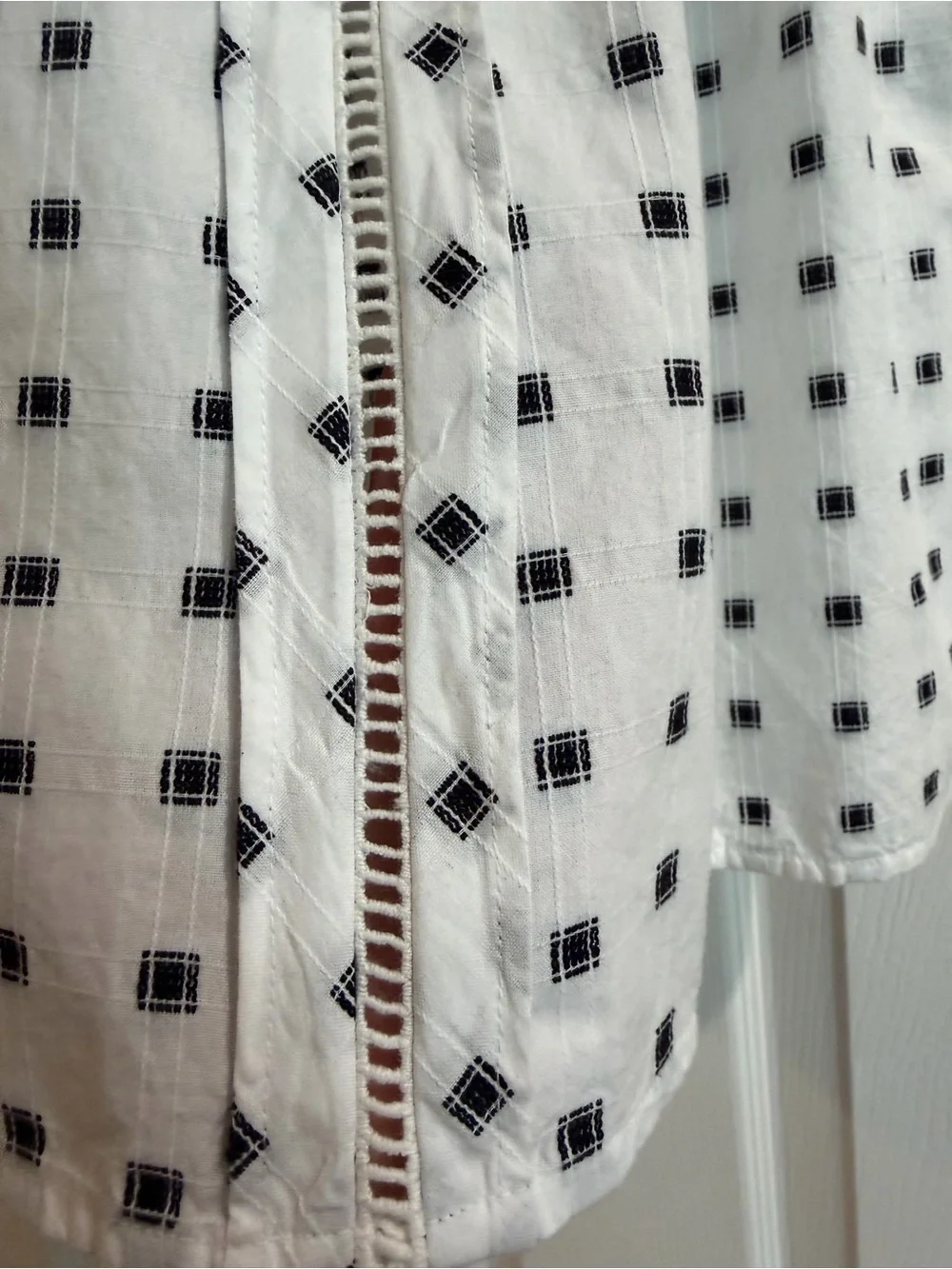 LOFT White Peasant Blouse with Black Square Print