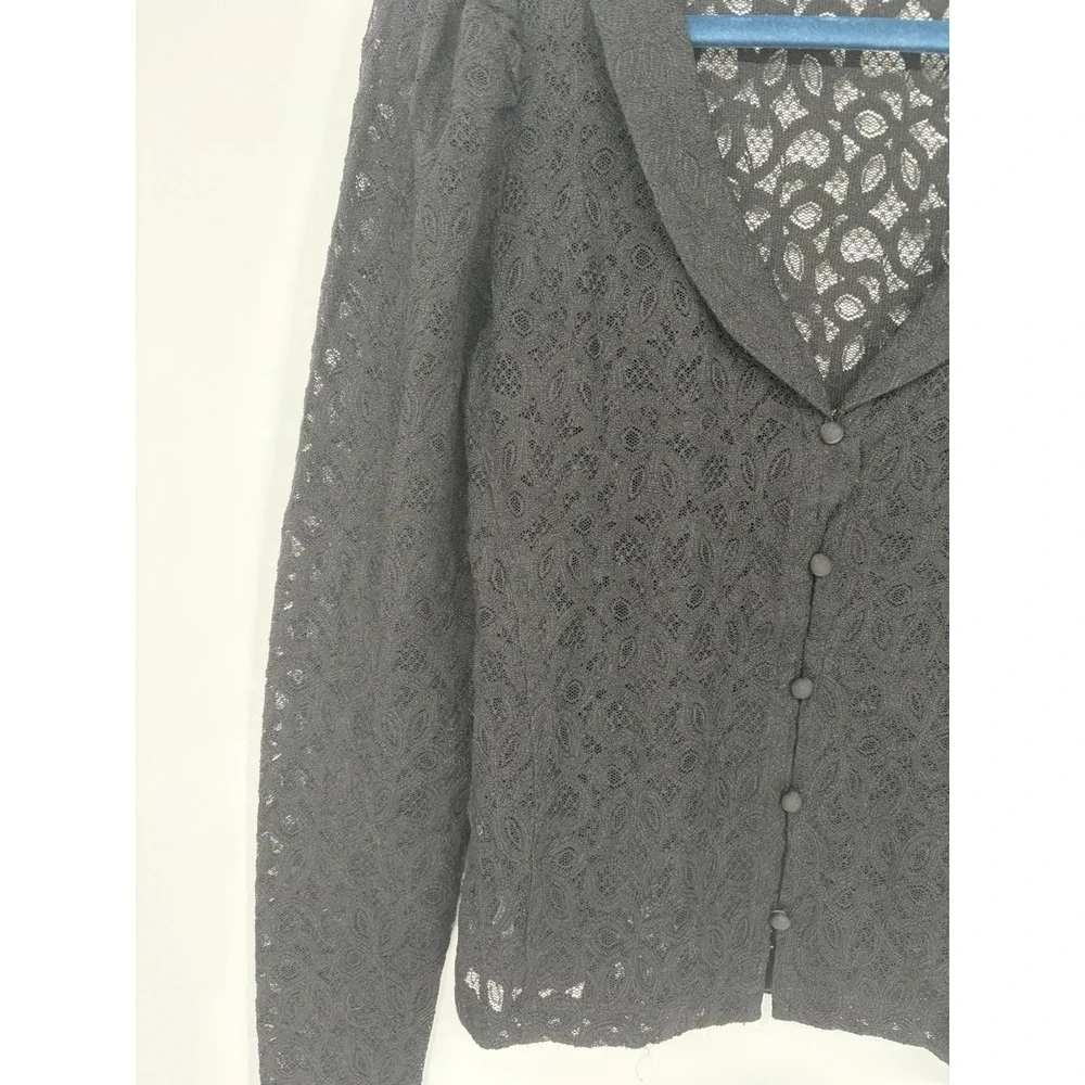 LOFT Women's Black Lace Button Down Top With Lapel and puff Sleeve Size Small