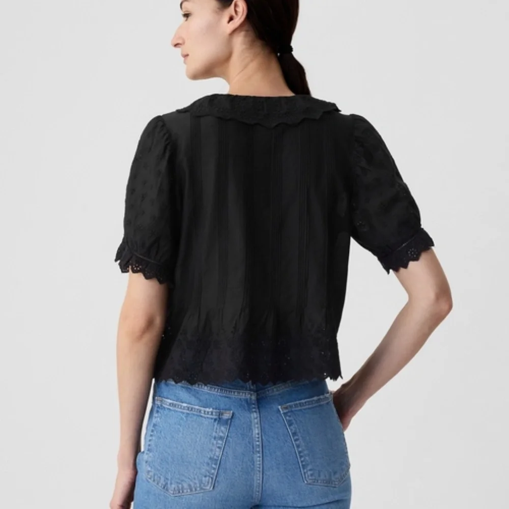 Doen Black Eyelet Cotton Puff Sleeve Blouse