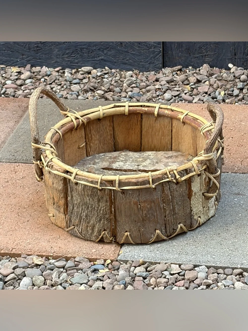 Primitive Wood & Bark Handmade Rustic Round Gathering Basket Vintage VTG Country