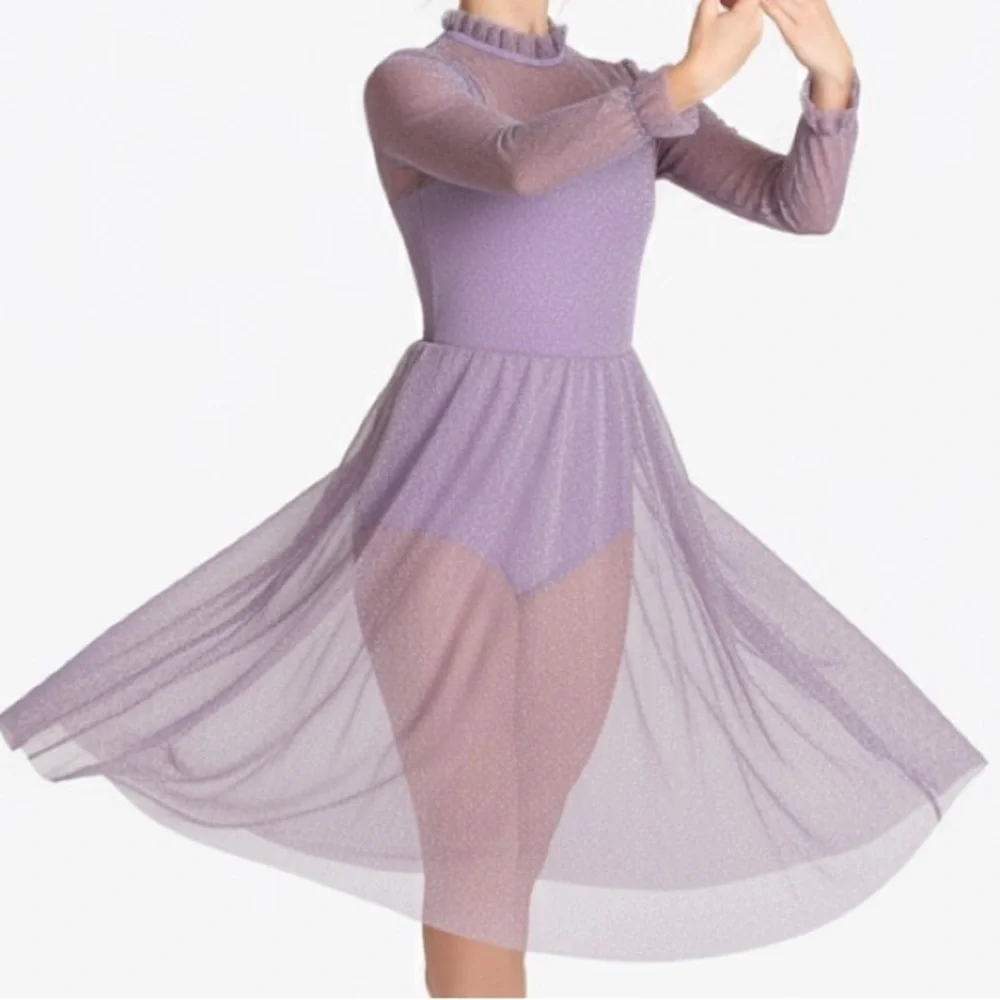 CM Double platinum 2‎ piece Lilac Shimmer Mesh Lyrical Dance Costume Long Sleeve