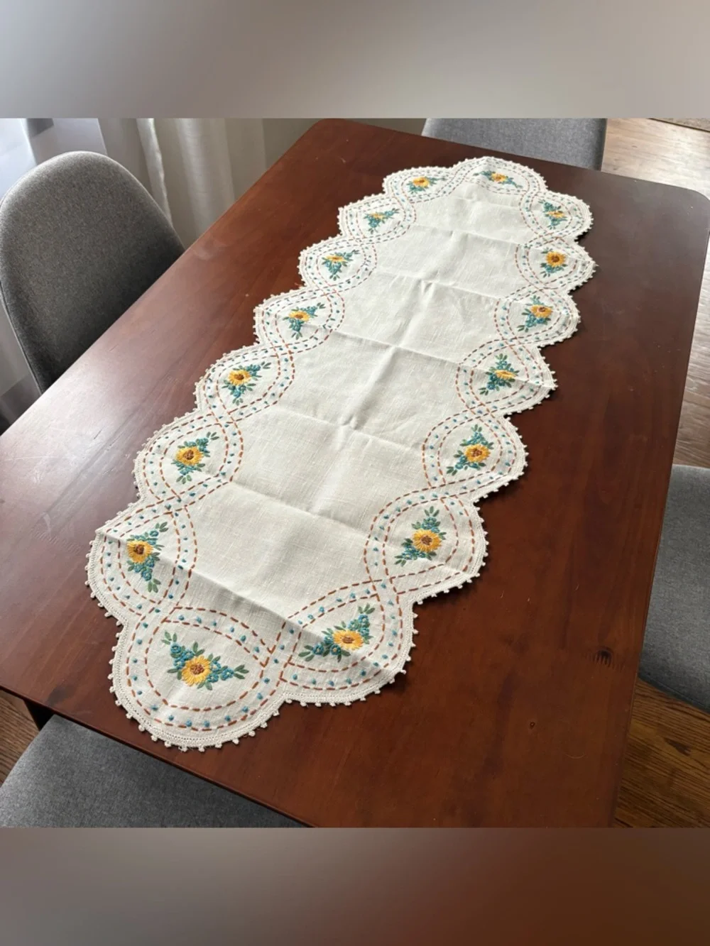 Vintage table runner hand embroidered crochet edge stunning floral cottage 46”