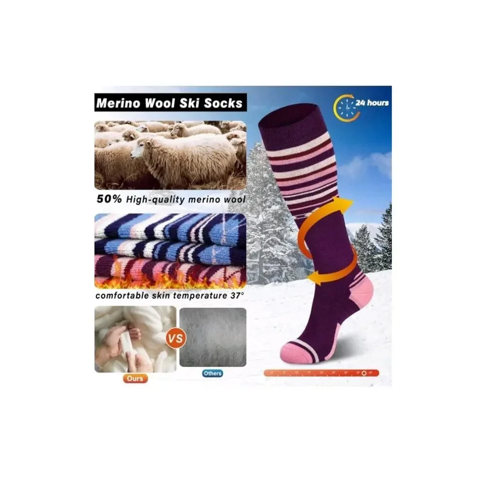 Ski Socks 50% Merino Wool Thermal Knee High Winter Snowboard Sport Socks Men ...