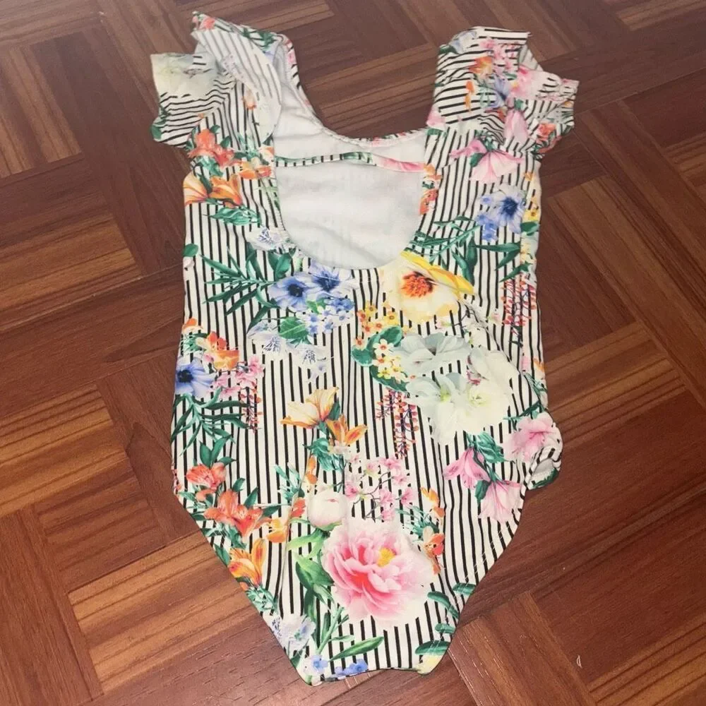 GB Girls Striped‎ Floral One Piece Swimsuit Medium