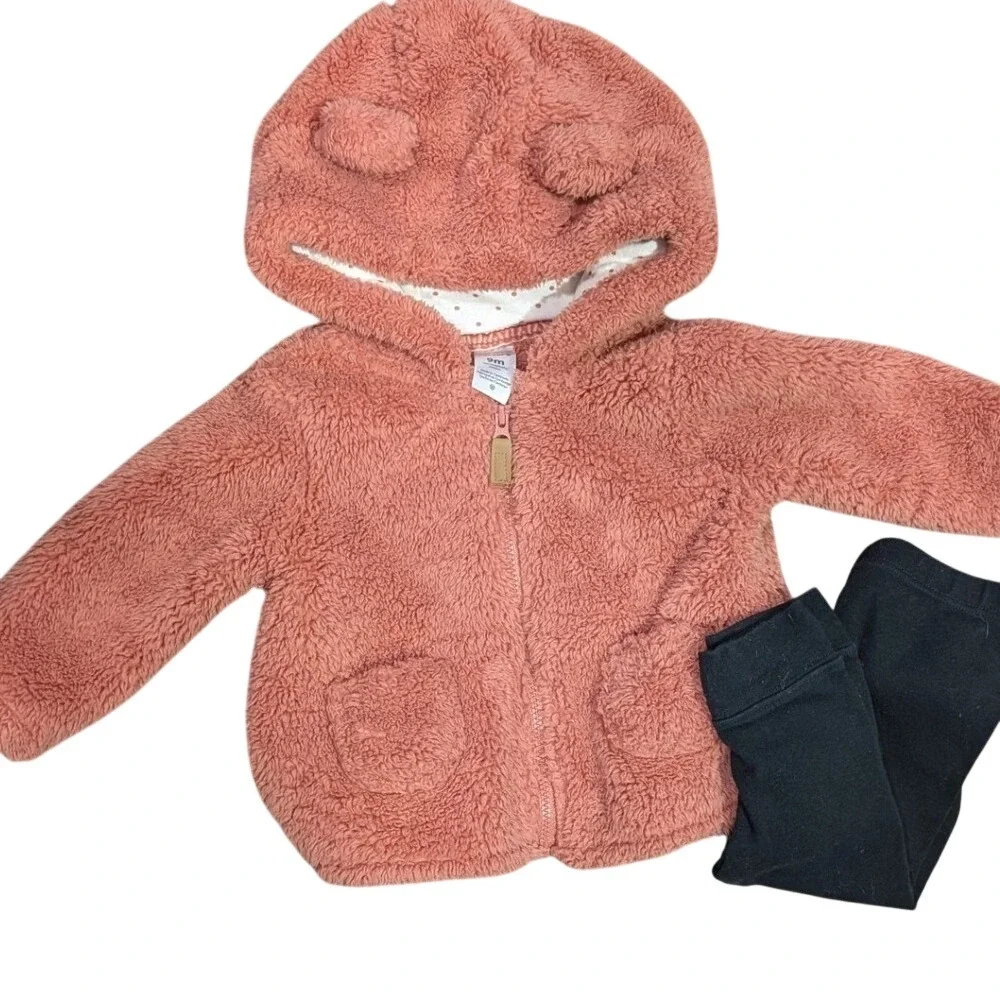Carters Baby Girls 9m Pink Sherpa Bear Hooded Jacket + Cloud Island Leggings Set