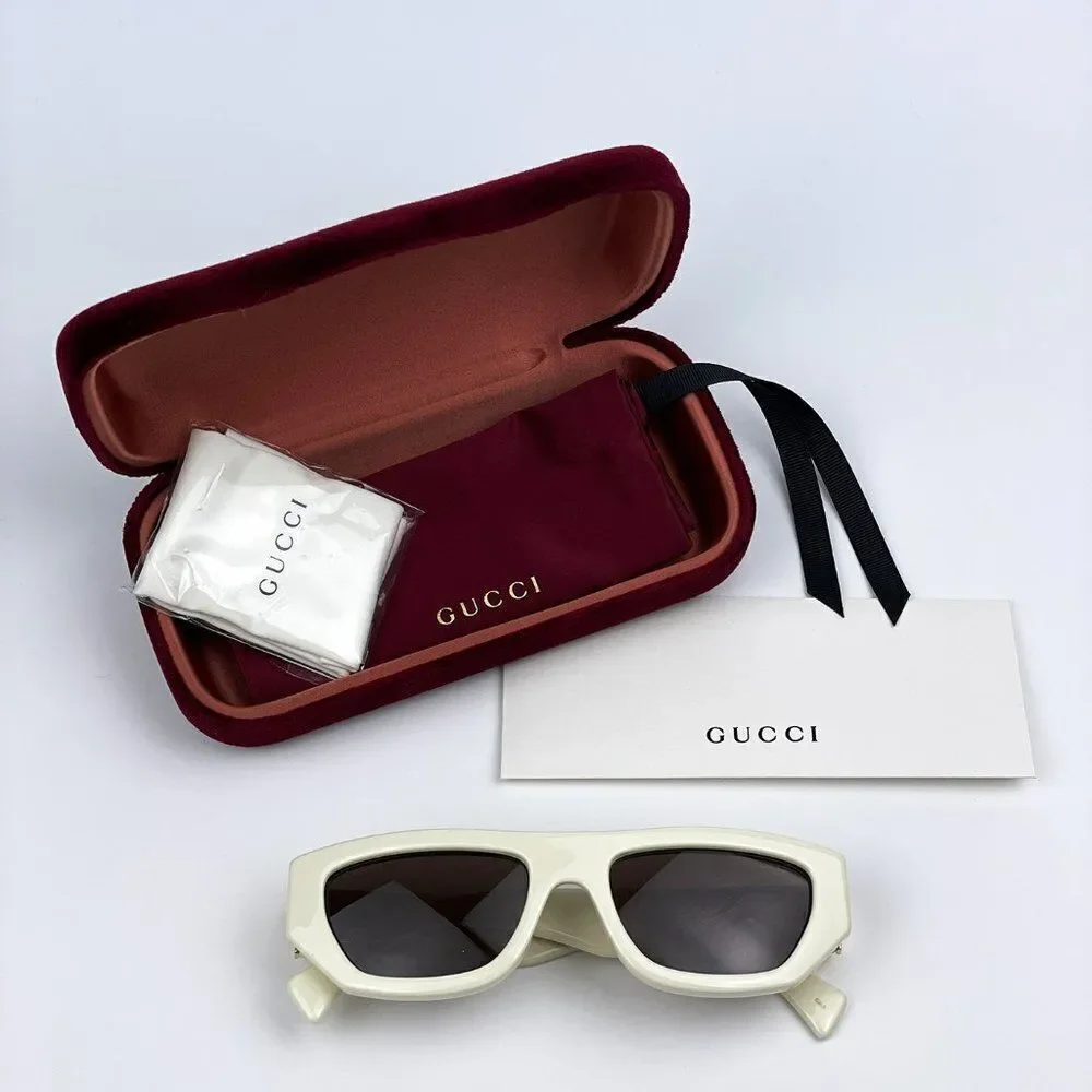 NEW Gucci GG1134S 003 Ivory White Brown Rectangle Unisex Sunglasses