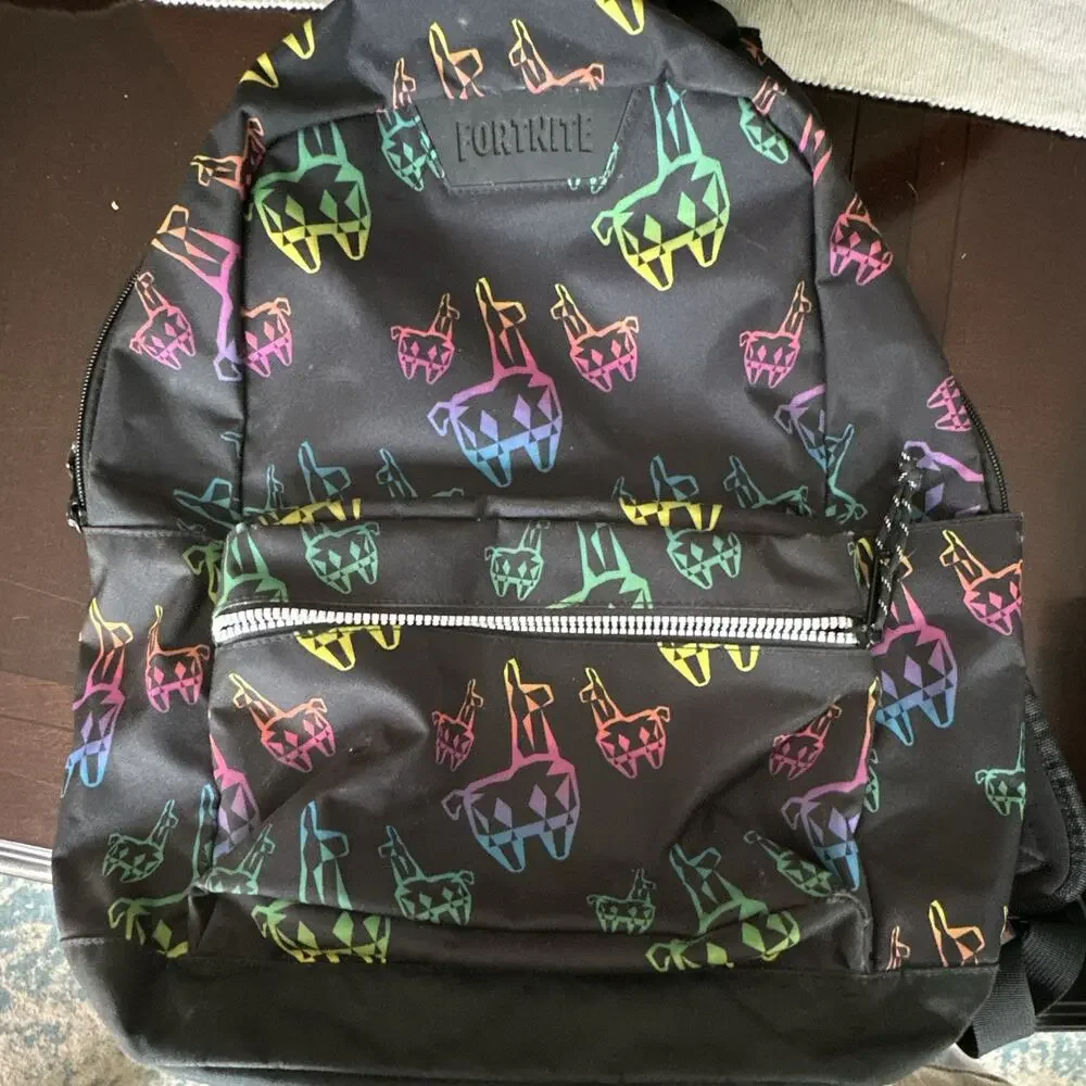 Fortnite Black Backpack Multicolor Llama Print Front Zip Pocket