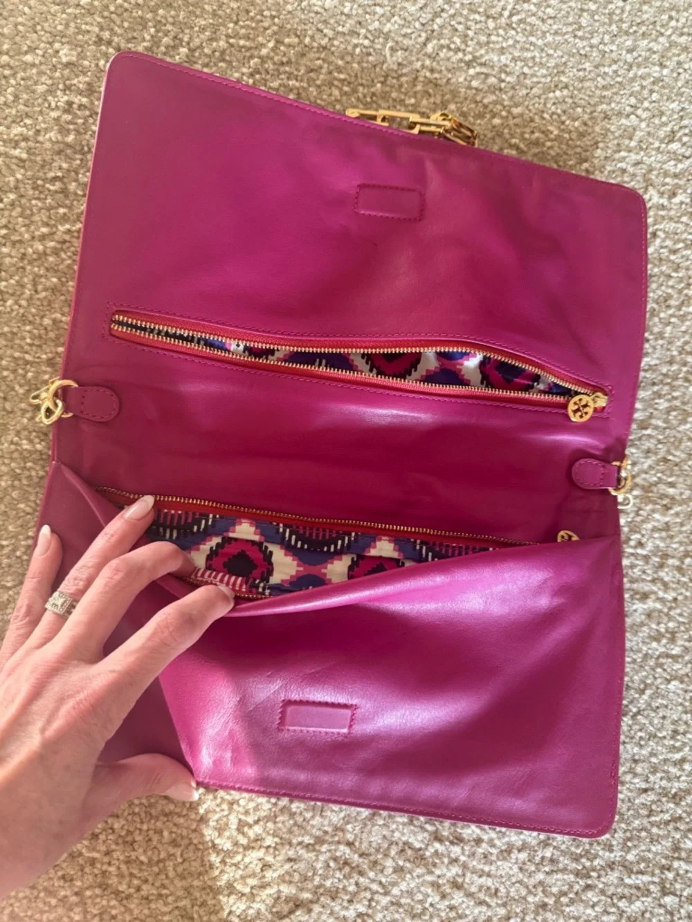 Tory Burch Raffia Shoulder Bag with Pink Trim and Gold Medallion