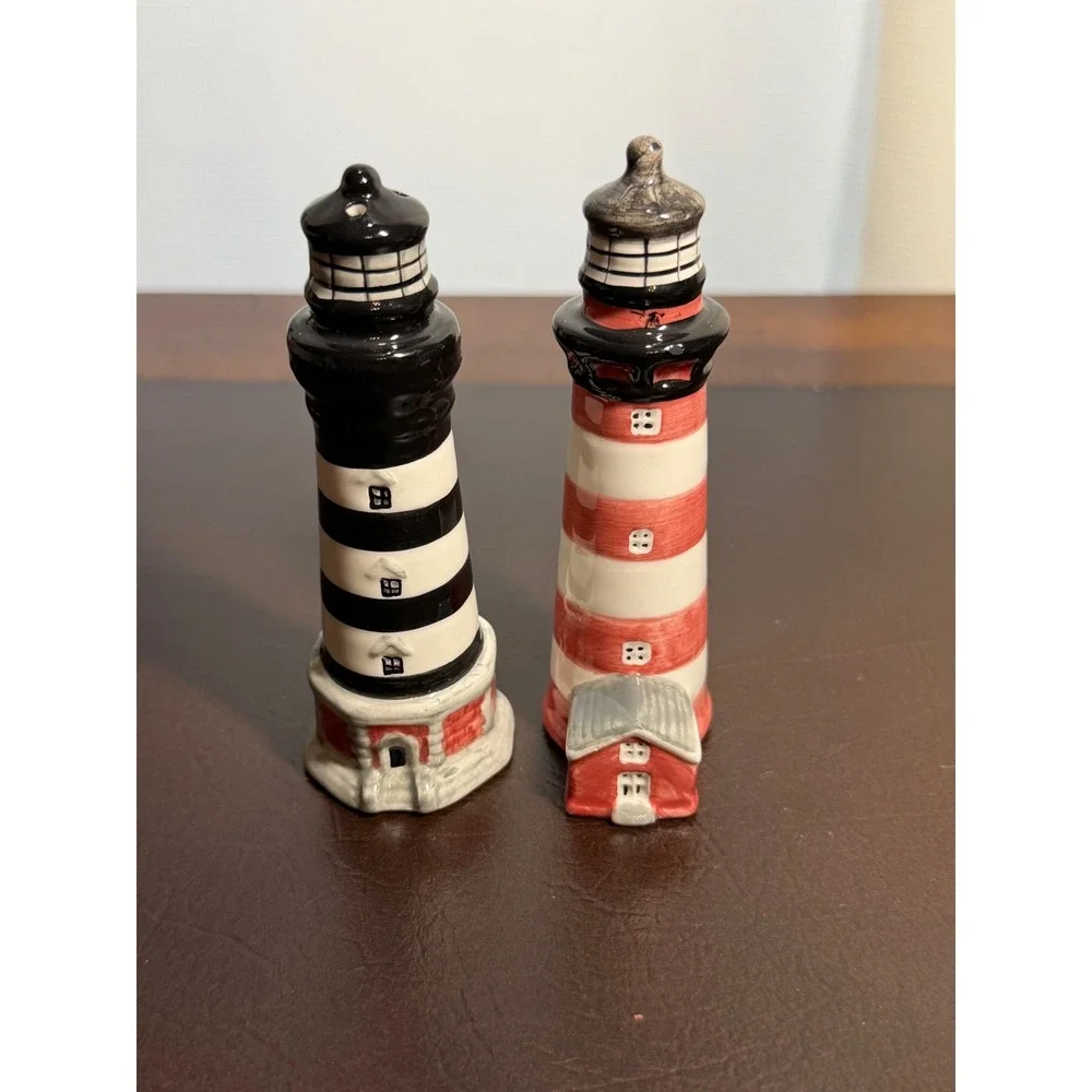 Vintage Lighthouse Salt and Pepper Shakers Ceramic Nautical Beach Decor Set