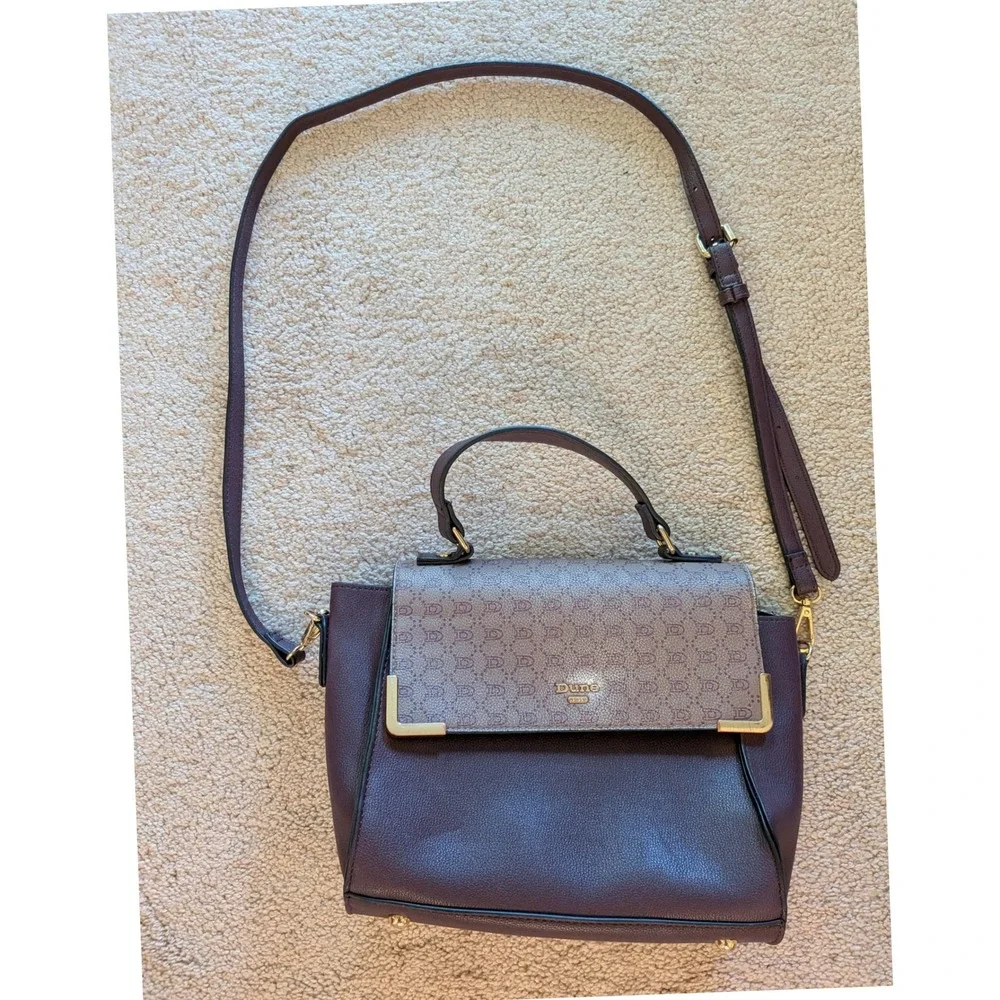 Dune London Plum‎ Purple Monogram Flap Satchel Crossbody Handbag Gold Hardware