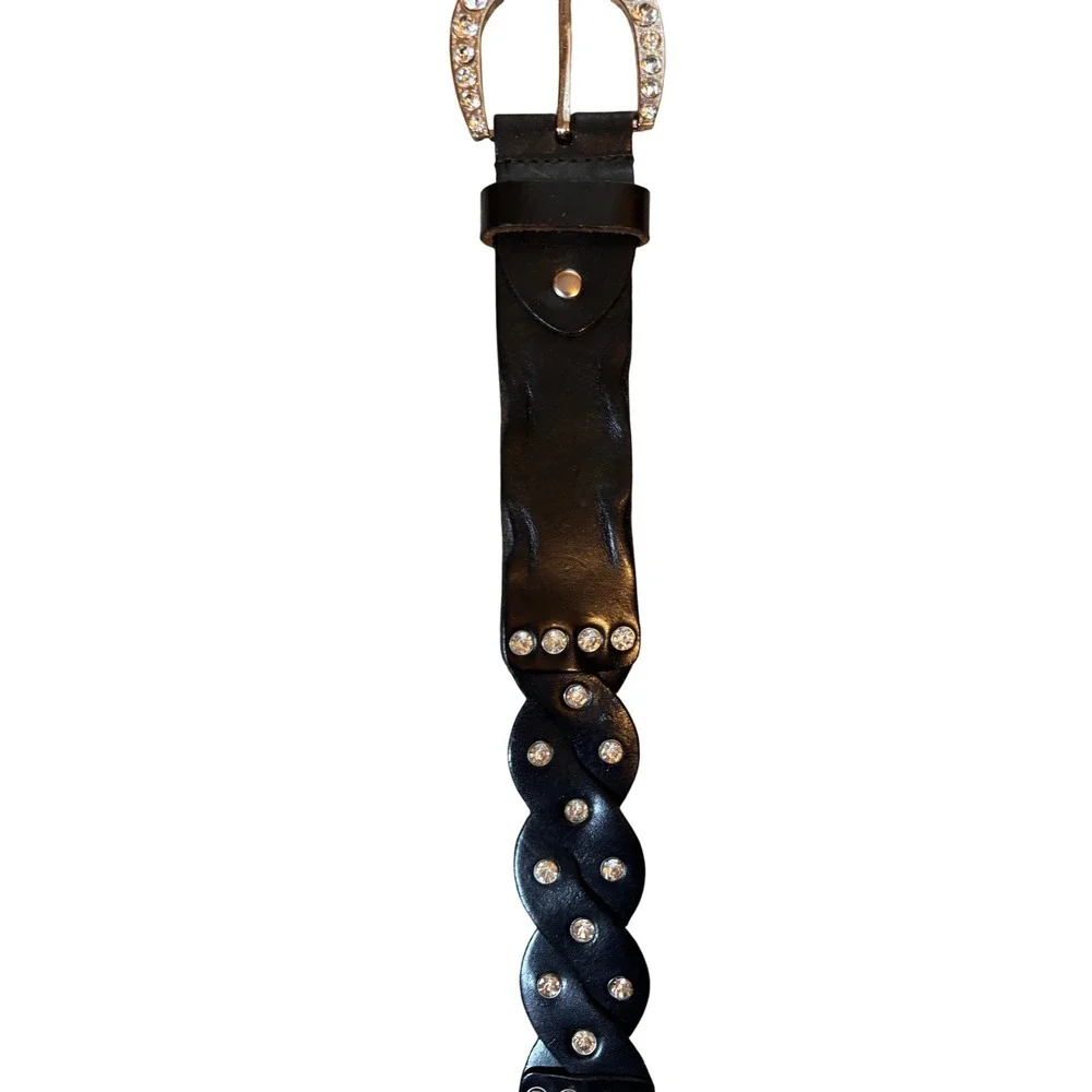 Unbranded Braided Leather Belt Women 36 Black Excellent‎ Rhinestone Horseshoe