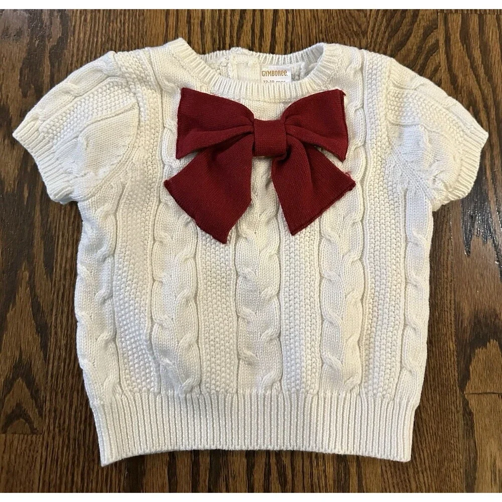 Gymboree Toddler Girls White Christmas Sweater Red Bow‎ 12-18 month Holiday