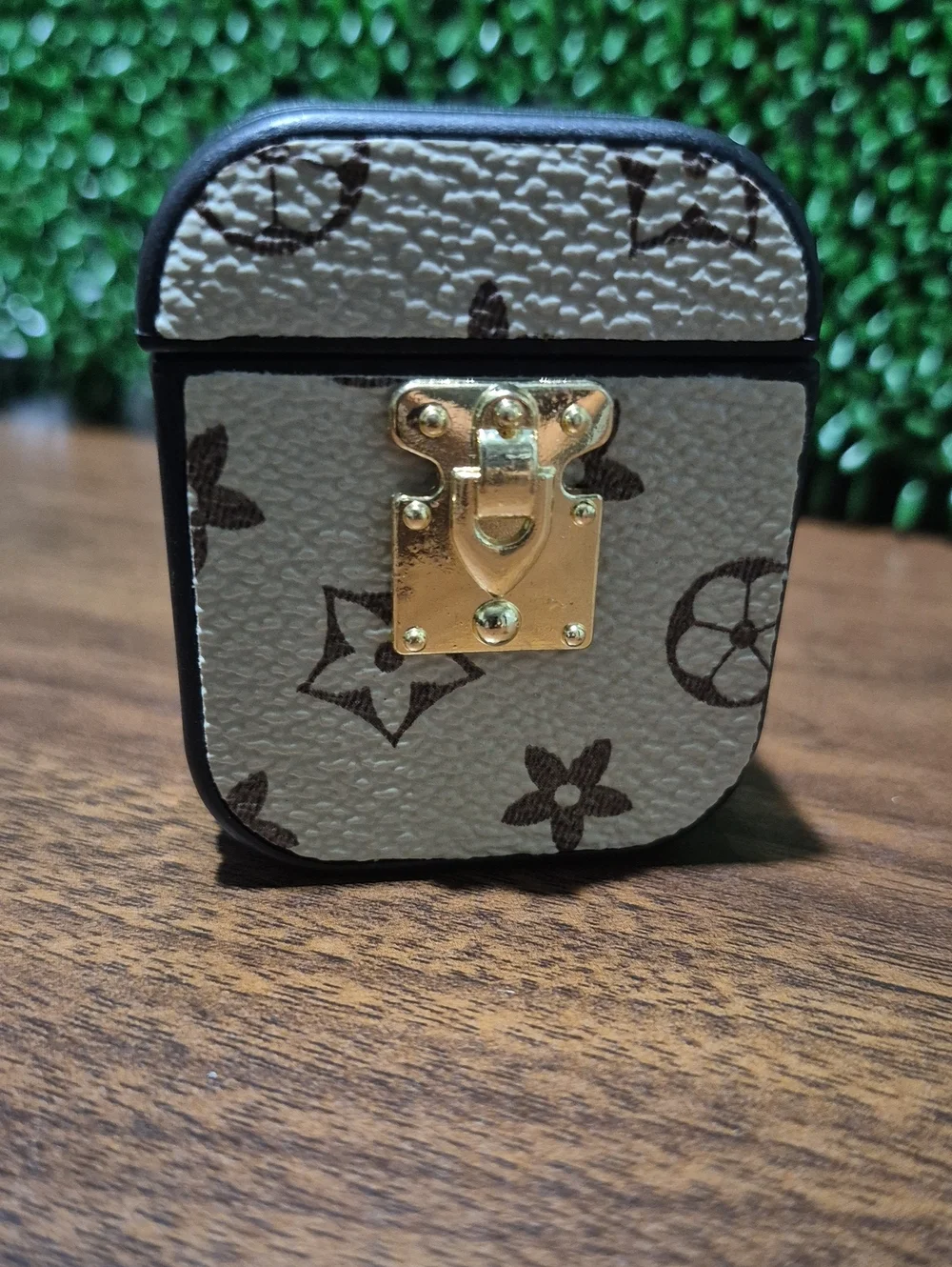 Beige Monogram-Patterned AirPods Case with Gold Lock Accent