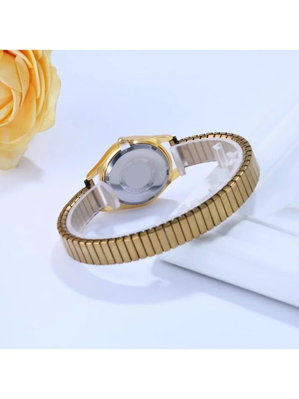 Women Gold And White Analog Quartz Big Dial Easy Reader Stretch Band Wrist Watch