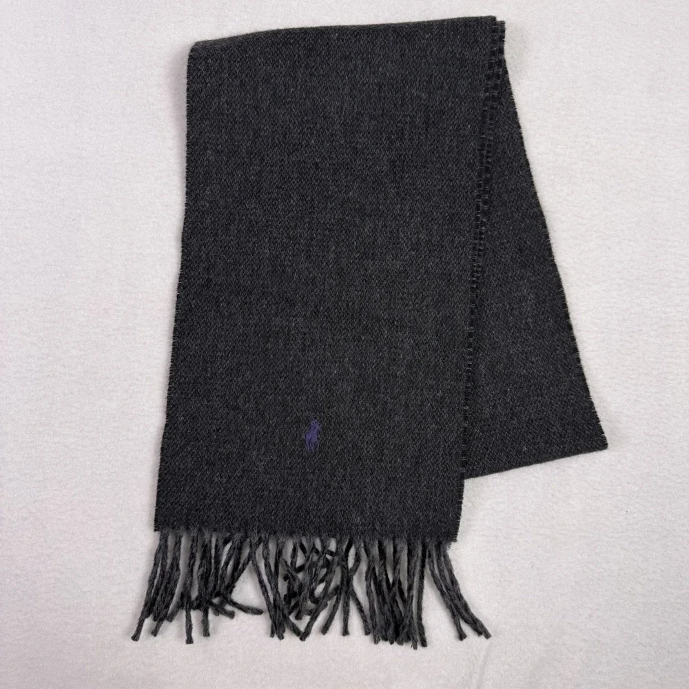 Polo Ralph Lauren Black 100% Lambswool Scarf Purple Pony Fringe Made In‎ Italy