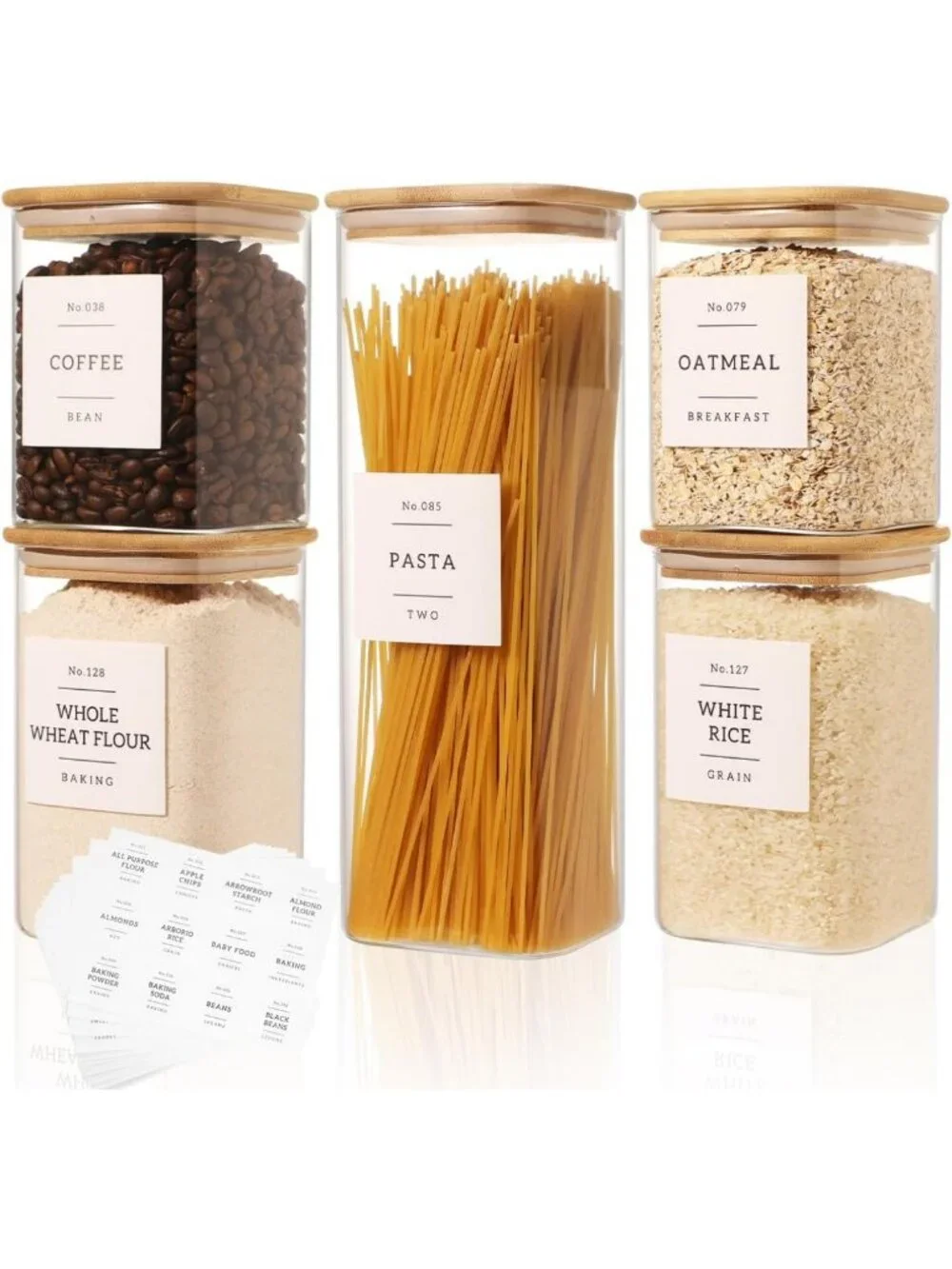 5 Pack Clear Glass Pantry Storage Jars with Airtight Bamboo Lids & 132 Labels