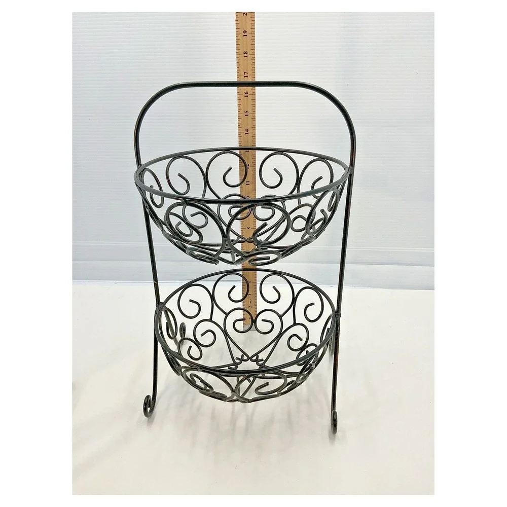 Black Metal 2-Tier Fruit Basket Stand with Scroll Design‎