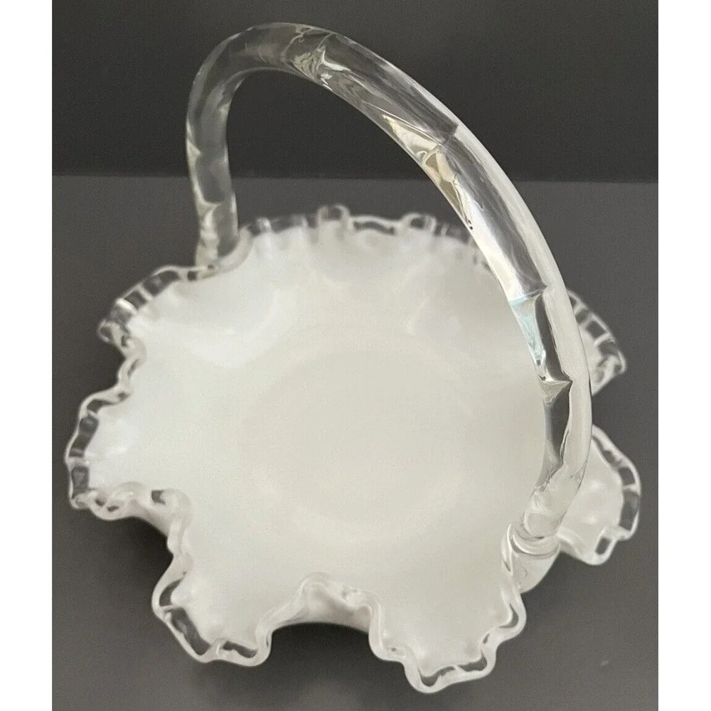 Fenton Silver Crest Milk Glass Basket Collectible White Ruffle Edge Vintage Gift