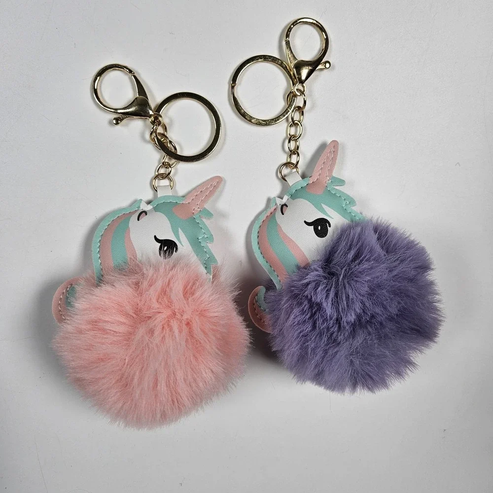 Unicorn Keychain Bag Charm Girls‎ Pink Purple Glitter Pom Pom 2 Pack Bundle NEW