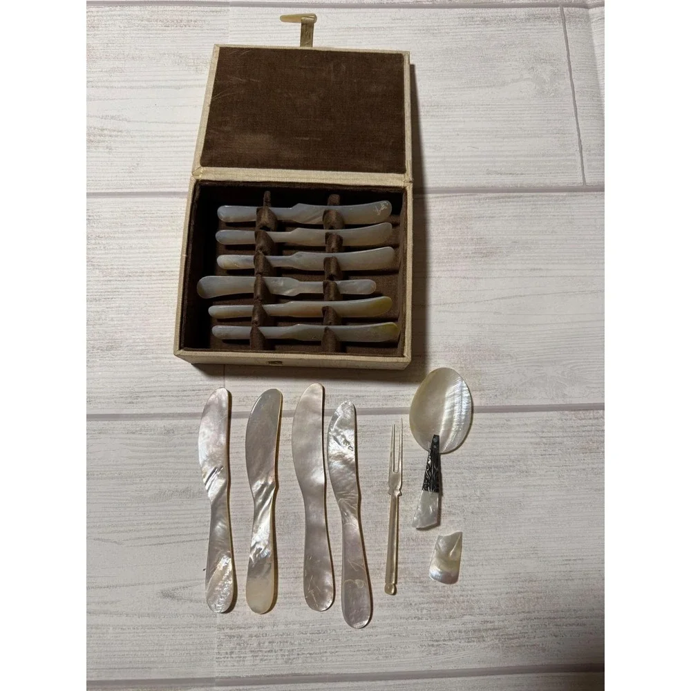 Vintage Mother of Pearl Flatware Set 10 Butter‎ Knives Fork MOP Shell In Box