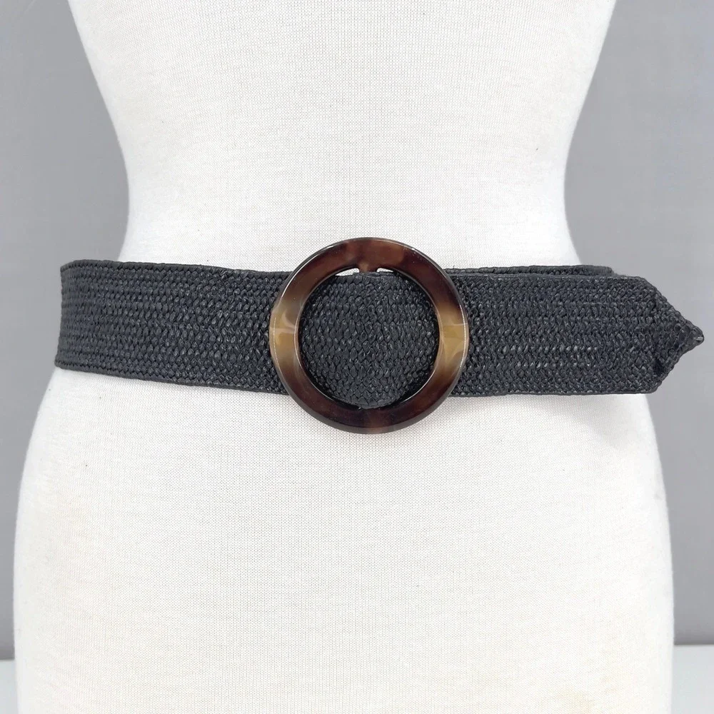 Womens M Wide Belt Black Woven Straw Raffia Boho Stretch Coastal Grandmother
