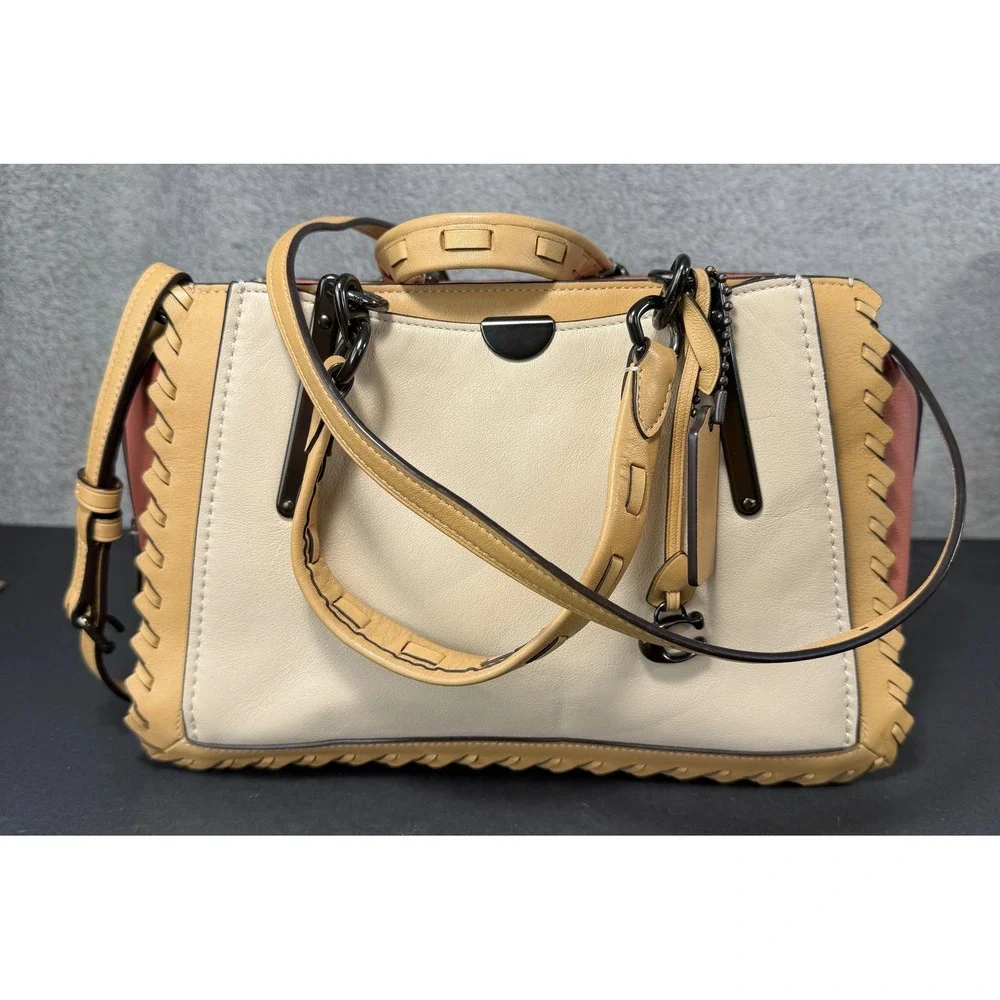 Coach Dreamer 21 Satchel Women Small Cream Tan Pink‎ Whipstitch Leather Handbag