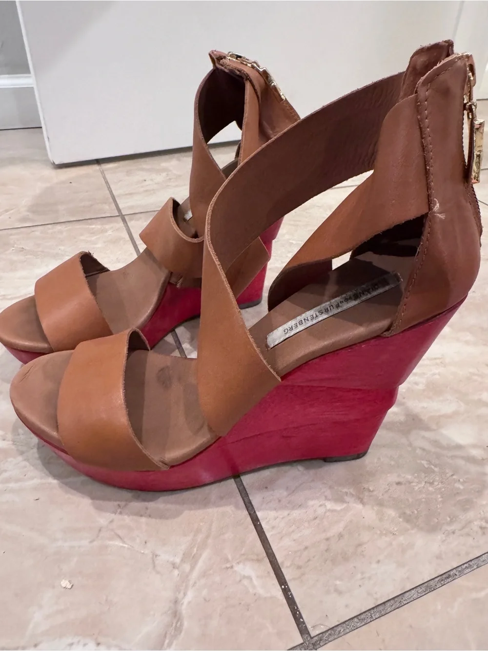 Diane Von Furstenberg Tan Leather Crisscross Wedge Sandals with Pink Sole