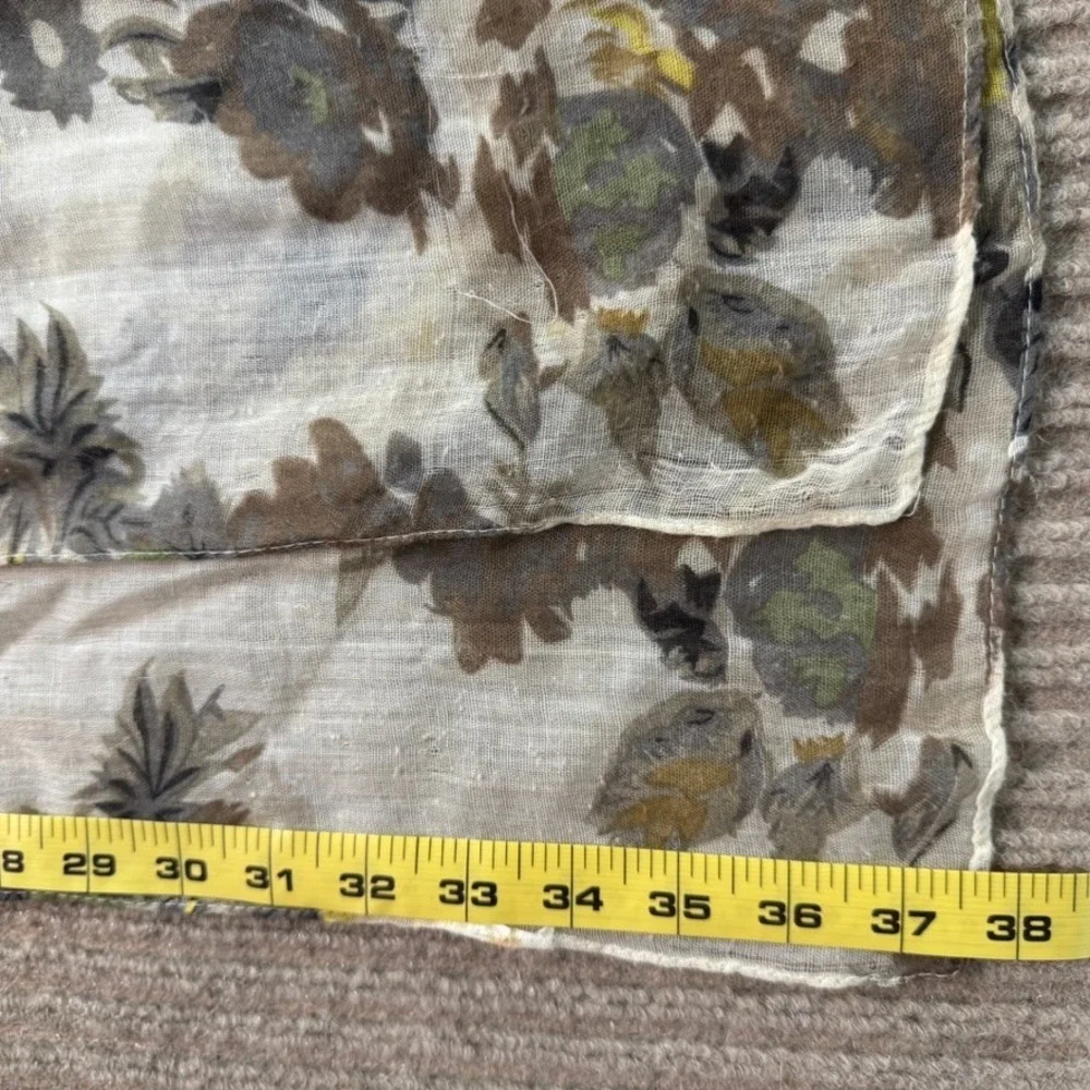 Vintage Floral Print Gauze Scarf Brown Green Yellow Earth Tones Rectangular