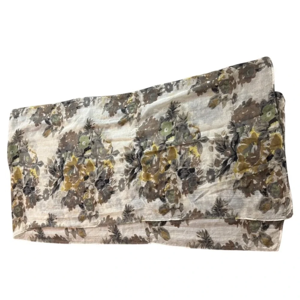 Vintage Floral Print Gauze Scarf Brown Green Yellow Earth Tones Rectangular