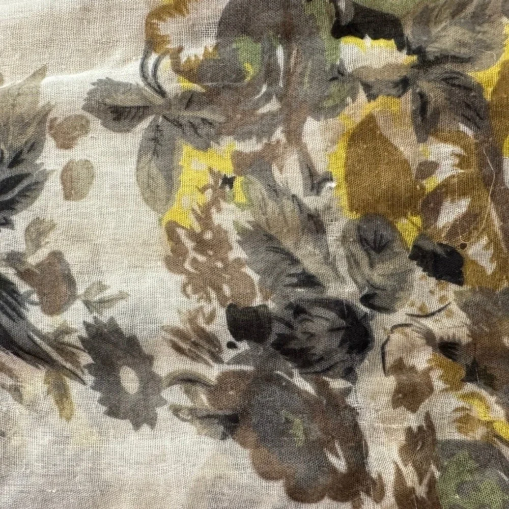 Vintage Floral Print Gauze Scarf Brown Green Yellow Earth Tones Rectangular