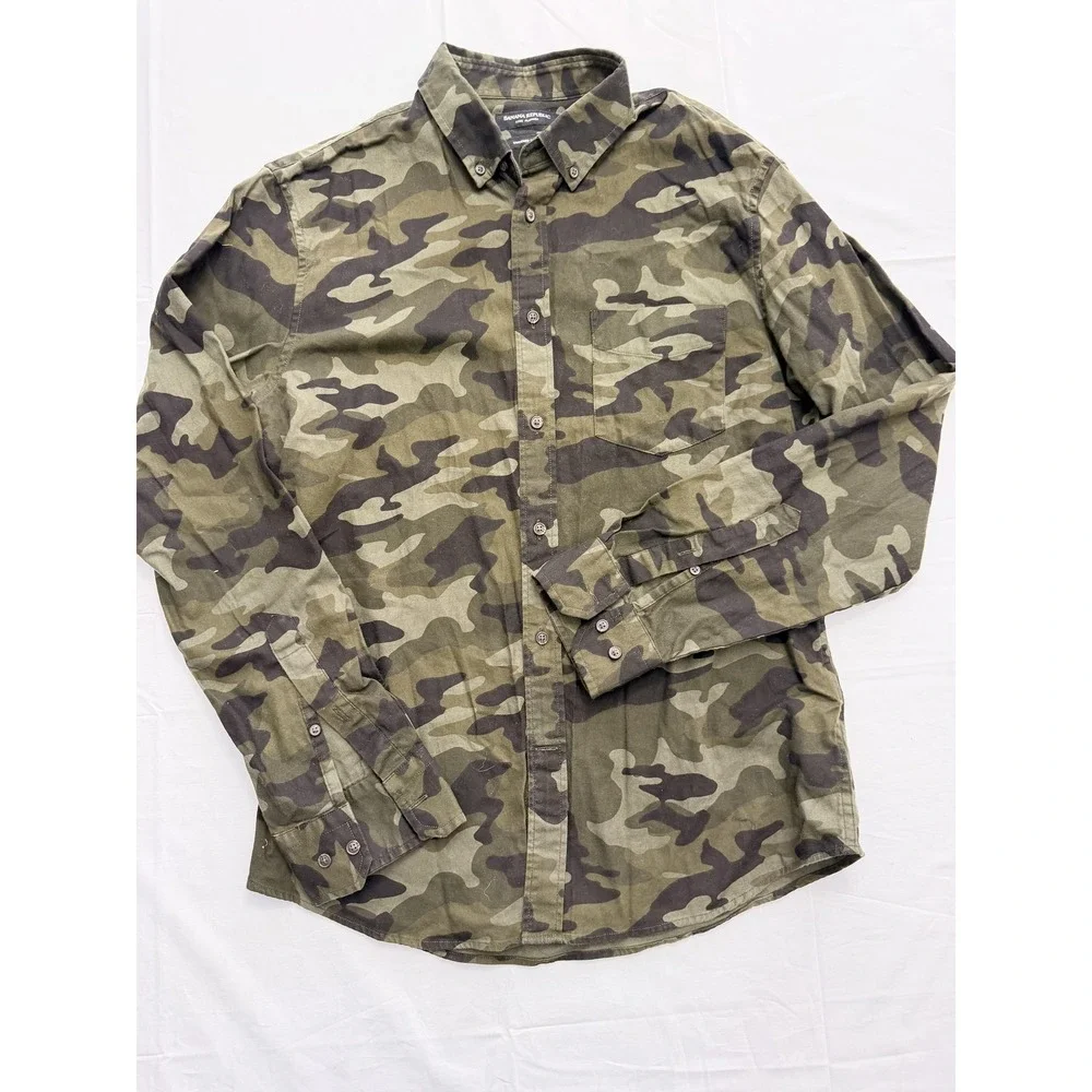 Banana Republic Shirt Mens Medium Green Camo Flannel Slim‎ Long Sleeve Button Up