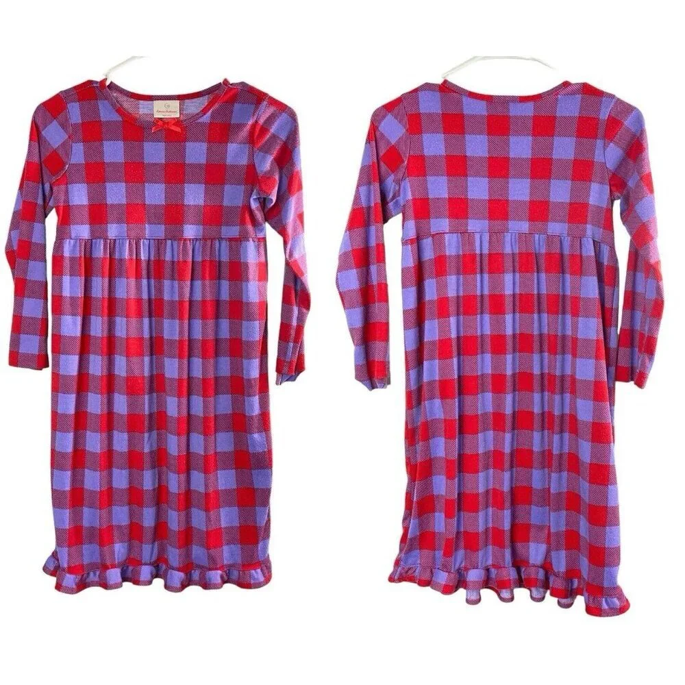 HANNA ANDERSON Girls Flannel Nightgown Size 130/8 Checker Purple Red 92-20‎