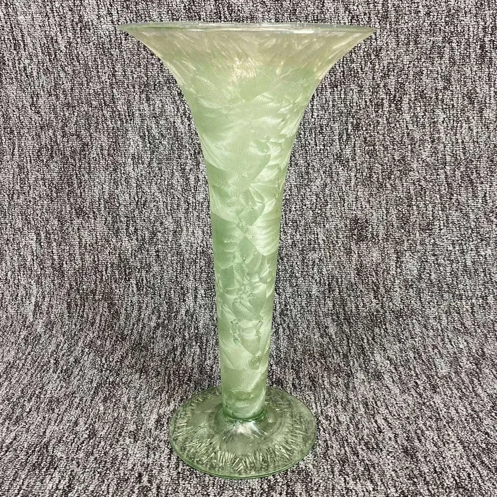 Spain Glass Trumpet Vase Large Green Textured Swirl Floral Centerpiece‎ Decor