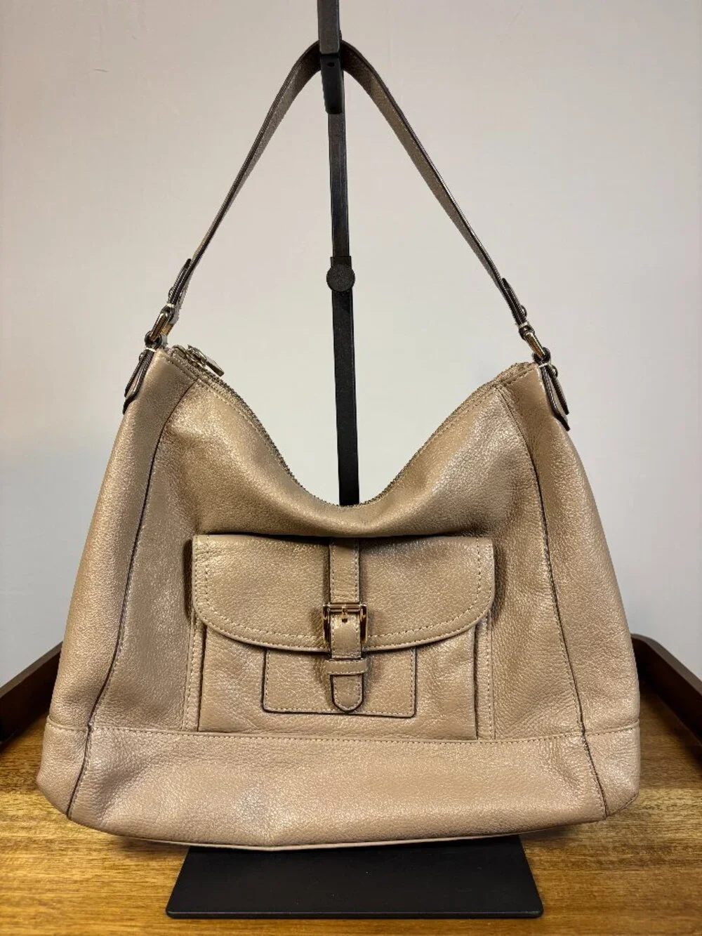 Coach Charlie Taupe Gray Pebbled Leather Hobo Shoulder Bag