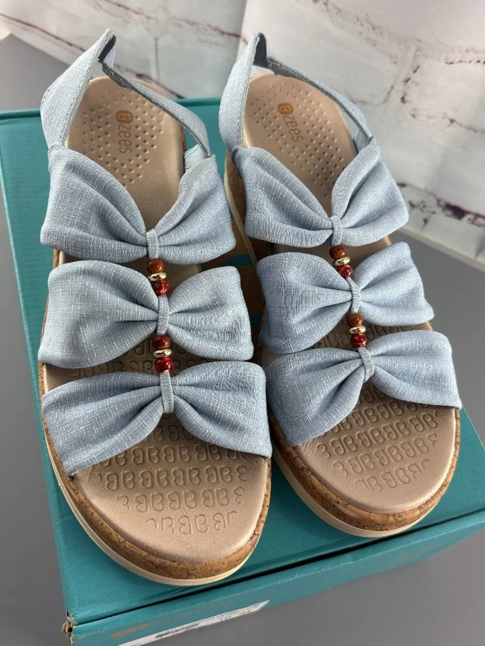 Bzees Cloud Roma Cork Wedge Beaded Washable Slip-On Sandal Blue Women's SZ 10 M