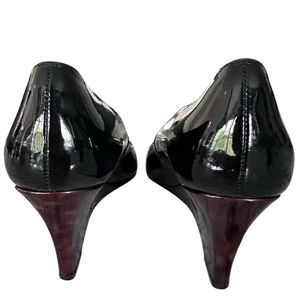 LK Bennett Zahara Wedge Heel Tortoise Shell Patent Print Black Size 37.5 US 7